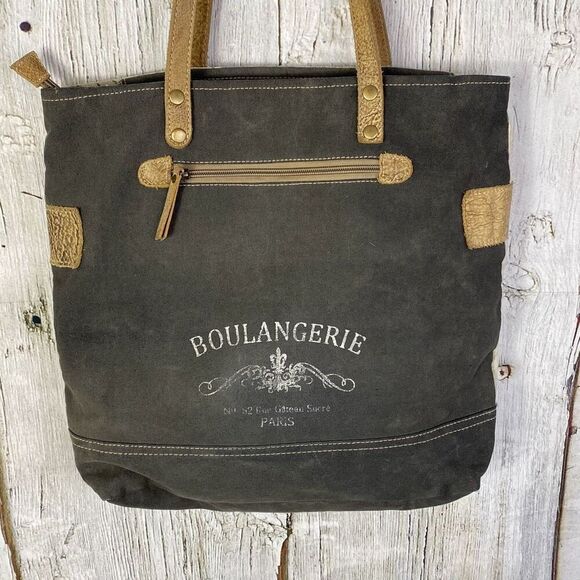 Myra The Gypsy Upcycled Canvas and Genuine Cowhide Leather Tote Bag - Picture 2 of 12